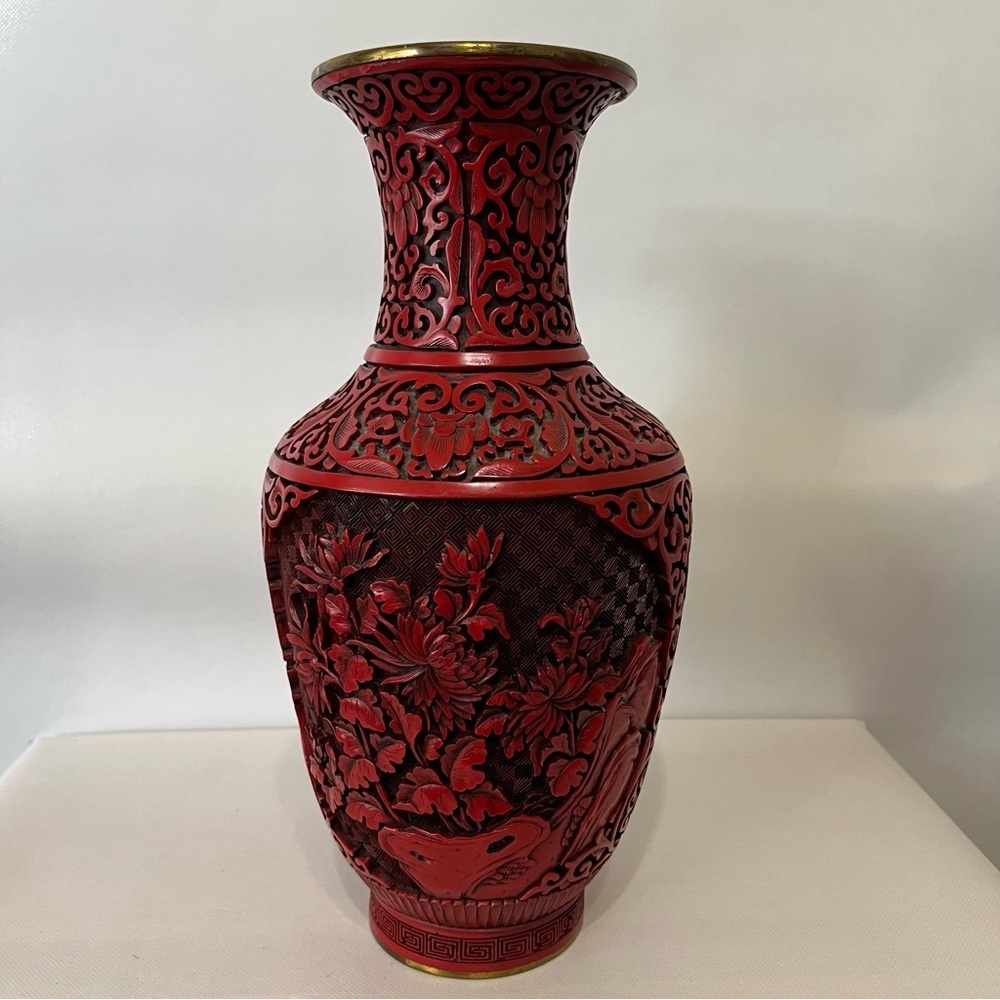 Vintage Red Cinnabar Vase Brass